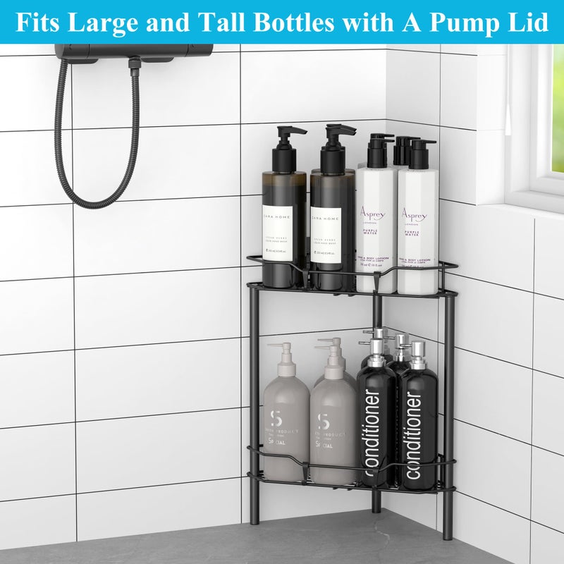 HuggieGems 2 Tier Floor Standing Corner Shower Caddy Organizer Shelf with Hooks, Bathroom Shelves Stand Rack, Matt Black - Image 4